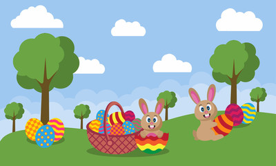 Obraz na płótnie Canvas Happy Easter banner and website header background design, cute bunny and rabbit of drawing book.
