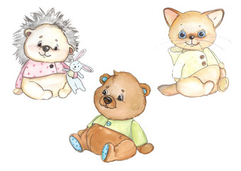 Plush toys set painted by watercolor isolated on white