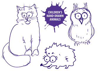 Cute hand drawn cartoon cat, owl, hedgehog for baby and children card designs or fabric print. Line art original vector illustration set isolated on white background