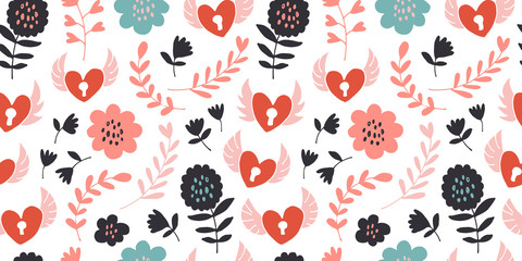 Flying hearts and keys seamless pattern, hand drawn hearts, keys, flowers, leafs, polka dots love background