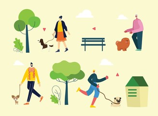 Vector illustration background in flat design of people walking with dog outdoor in the park on weekend