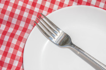Plato blanco con tenedor en mantel de dia de campo