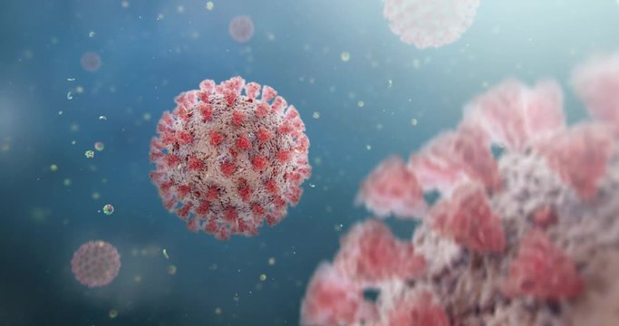 Microscopic view of Coronavirus COVID-19 (2019-nCoV) Visualization equal to Influenza, Flu or SARS. High quality realistic medical 3d rendering illustration animation for background in 4K and HD.
