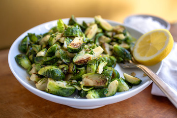 Pan cooked brussels sprouts with green garlic