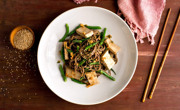 Skillet soba, baked Tofu and green bean salad with spicy dressing