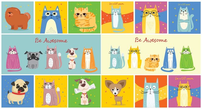 Cool cats and dogs. Vector trendy hipster style greeting cards design, t-shirt print, inspiration poster.
