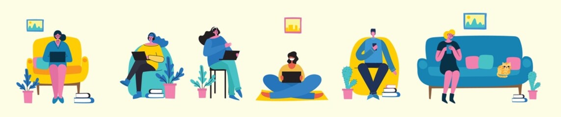 Stay and work at home. Stop coronavirus. People staying at home for prevent virus Covid19 in the flat style