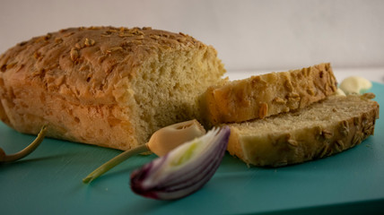 homemade bread with onion and garlic on the Board