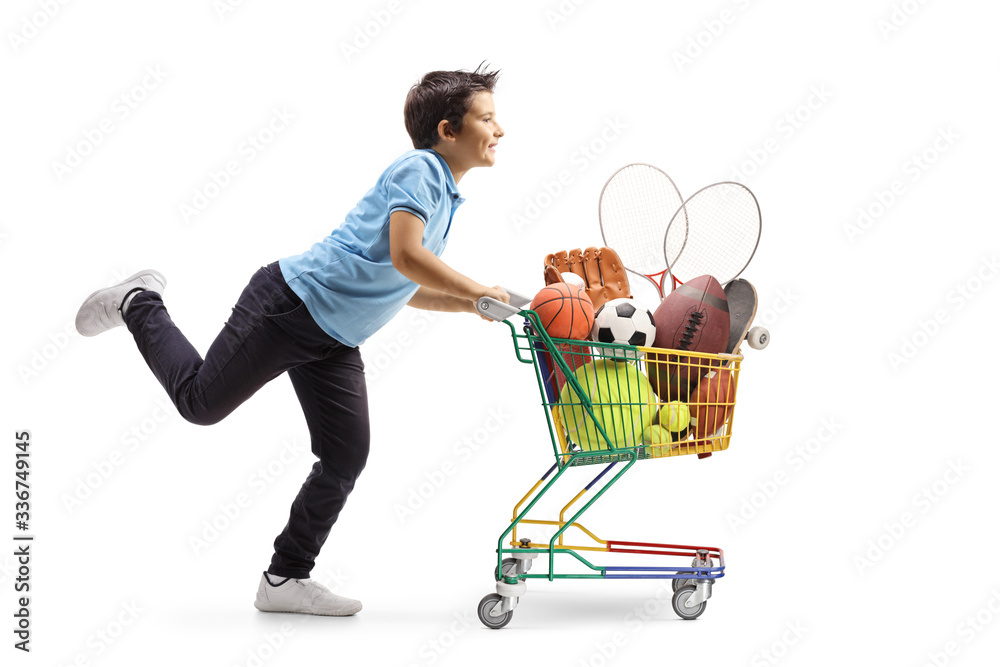 Sticker boy running and pushing a small shopping cart full of sports equipment