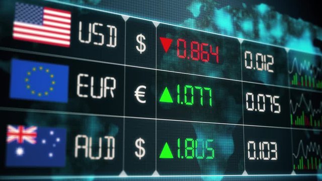 Evolution of currencies in the world market with up and downs of Australian dollar, Euro, US dollar. Currency market with green and red digital animation of prices in financial and ecomonic crisis - 4