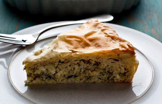 Slice of&dagger;Greek kohlrabi pie on plate