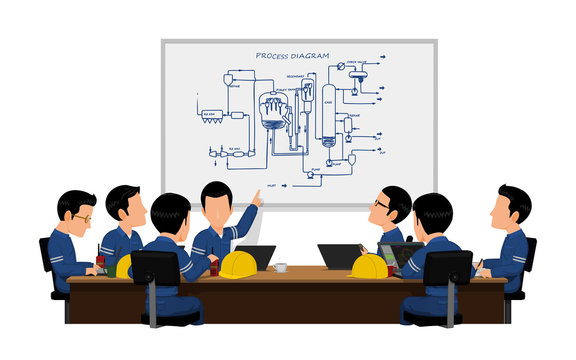 Seven workers is meeting on white background
