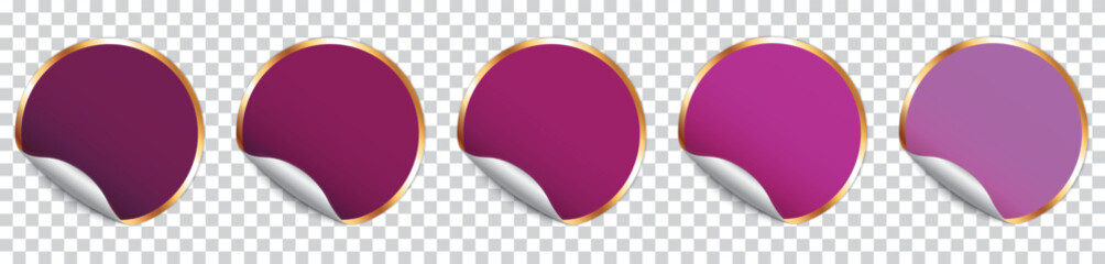 set of purple round sticker banner with golden frame on transparent background

