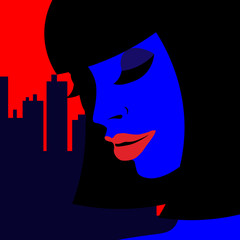 Young beautiful woman on a background of the night city. Vector illustration in pop art style for advertising.