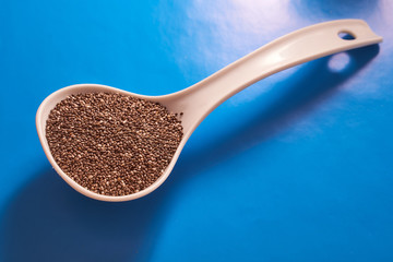 chia seeds in a spoon on a blue background