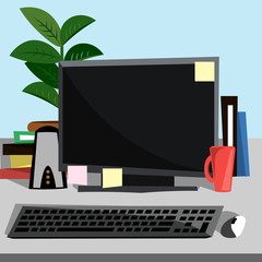 Vector illustration of a home office. A desktop with a computer, a chair and paintings on the wall.