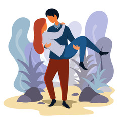 A young man holds a young woman in his arms. Love, relationship illustration in a flat style.