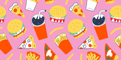 Fastfood pattern with modern doodle food illustrations. Seamless vector background, cola drink with straw, french fries and burgers with cheese, slices of pepperoni pizza and margherita