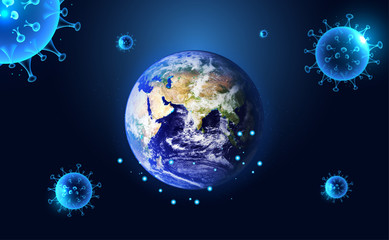 Abstract mesh Virus infection Covid-19,Coronavirus,Sars disease,SARS-CoV-2 disease concept virus into world on blue background.Elements of this image furnished by NASA