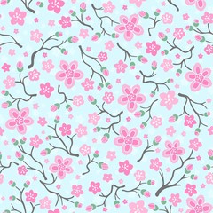 Seamless pattern with pink sakura blossom. Flowers pattern. Hello spring. Vector Illustration.