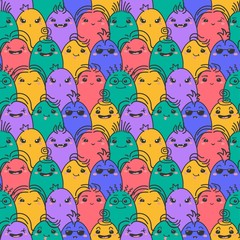 Seamless pattern with Easter eggs in kawaii style. Colorful Easter eggs with face. Perfect for fabric, wrapping paper. vector illustration.