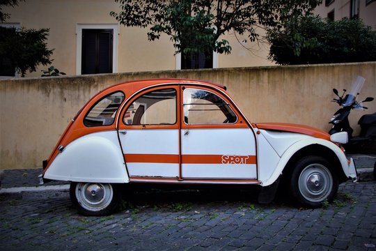 Rome, Italy - 7 April 2017:The vintage Citro&euml;n 2CV parked in the street of Rome