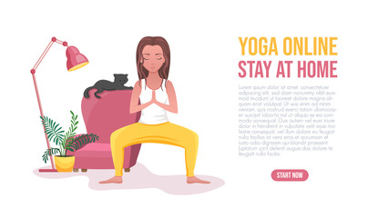 Young girl doing online yoga at home. Landing page template for yoga studio, exercise practice, meditation. Vector flat cartoon woman character illustration. Healthy lifestyle, relaxing time at home