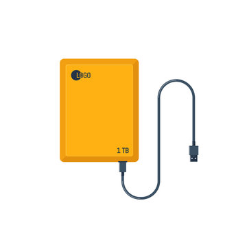 Portable HDD. External hard disk drive with USB cable. Memory drive illustration