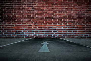White Arrow on the Road Straight to the Old Brick Wall Background, Suitable for Business Dead End Concept. - obrazy, fototapety, plakaty