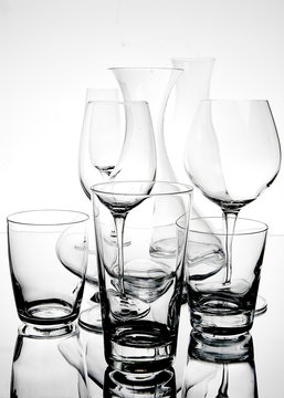 Variety of empty drink glasses on table