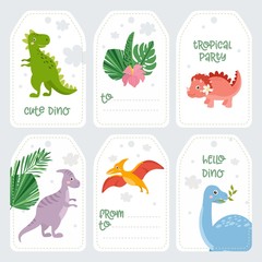 Cute dinosaurs tags set. Dino isolated on white background. Kids illustration. Funny cartoon Dino collection and tropical elements.