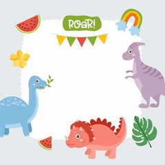 Cute childish frame with dinosaur, rainbow and tropical leaves. Triselops, Diplodocus. Baby Shower or Birthday template design.