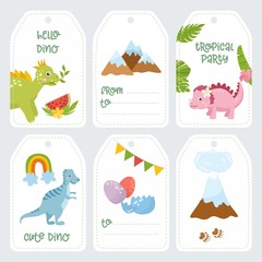 Cute dinosaurs tags set. Dino isolated on white background. Kids illustration. Funny cartoon Dino collection and prehistoric elements.