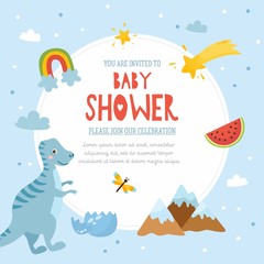 Baby Shower tempate design. Cute childish frame with dinosaur, rainbow, watermelon, volcano. Frame with prehistoric elements. Childish frame template.