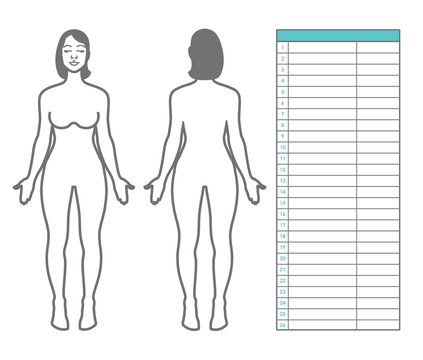 Woman body measurement. Scheme of measurement human body front and back. Table for entries and notes. Vector template for sewing clothes, dieting, fitness