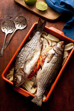 Overhead View Of Roasted Sea Bass