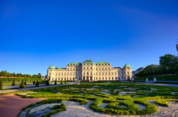 Naklejka premium Vienna, Austria - May 17, 2019 : Baroque palace Belvedere is a historic building complex in Vienna, Austria, consisting of two Baroque palaces with a beautiful garden between them.