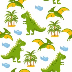Seamless pattern with cute dinos. Cute dinosaurs isolated on white background. Kids illustration. Funny cartoon Dino, palms, dino eggs.