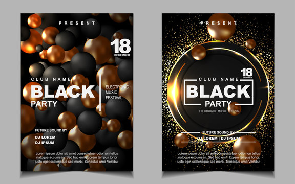 Night Dance Party Music Layout Design Template Background With Elegant Black And Gold Style . Colorful Electro Style Vector For Concert Disco, Club Party, Event Flyer Invitation, Cover Festival Poster