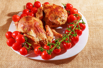Fried chicken and tomatoes are on a plate. Home cooking.