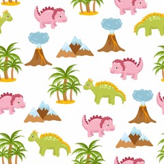 Seamless pattern with cute dinos. Cute dinosaurs isolated on white background. Kids illustration. Funny cartoon dino and prehistoric elements.