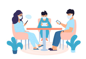 COVID-19. Family quarantined. Self isolation. Coronavirus pandemic. The concept of stay home. Man is using gadgets. Woman is chatting online on smartphone. A boy plays a computer game on a tablet.