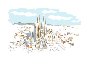 Barcelona Spain Europe vector sketch city illustration line art - obrazy, fototapety, plakaty