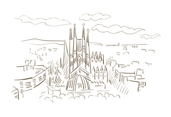 Fototapeta premium Barcelona Spain Europe vector sketch city illustration line art