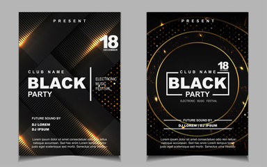 Night dance party music layout design template background with elegant black and gold style . Colorful electro style vector for concert disco, club party, event flyer invitation, cover festival poster
