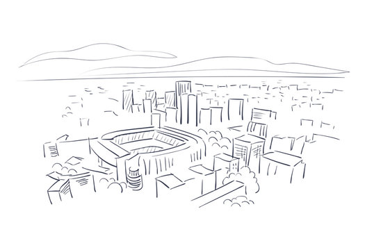 cityscape sketch: stadium, buildings, mountains clip art preview