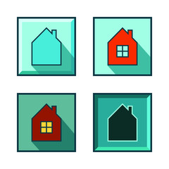 Colored house icons at different time of the day, stylized and minimalistic, with shadows