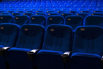 General plan of empty blue cinema seats. Deserted movie theater. Watching the movie. New movie.