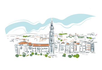Porto Portugal Europe vector sketch city illustration line art - obrazy, fototapety, plakaty