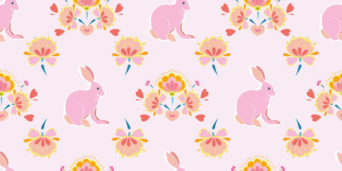 Vector geometric folk art cute easter bunny pattern on pink background. Happy spring design. Event and holidays. Surface pattern design.